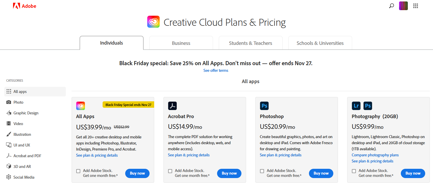 adobe creative cloud app list